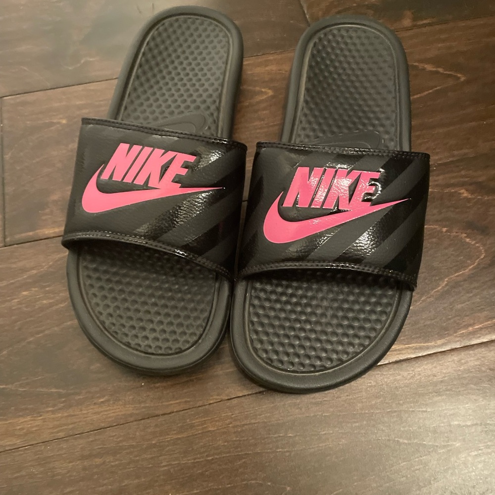 Nike Black Slides with Pink Logo